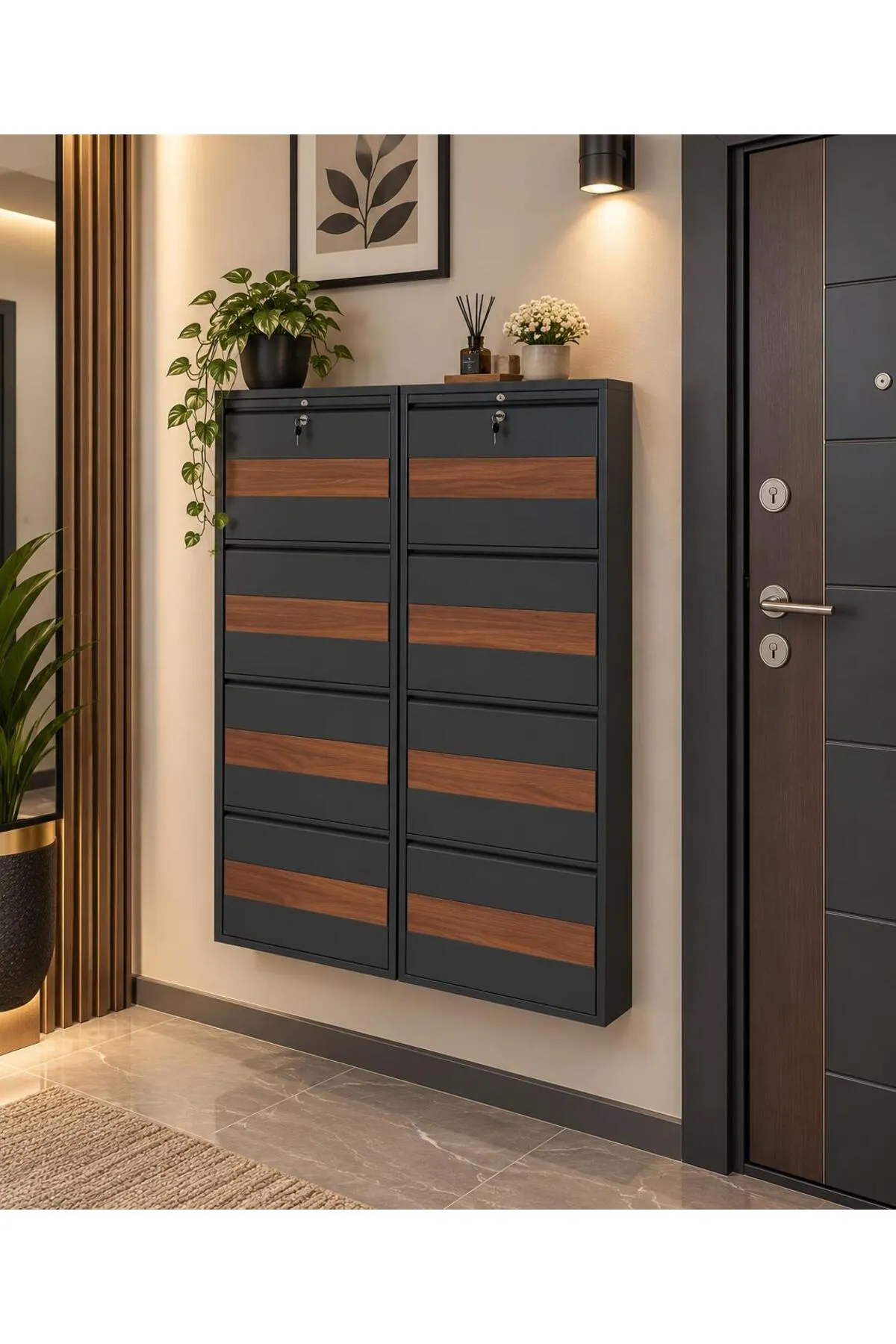 4+4 Kapaklı Kilitli Antrasit Desenli Metal Ayakkabılık – 16 Çift